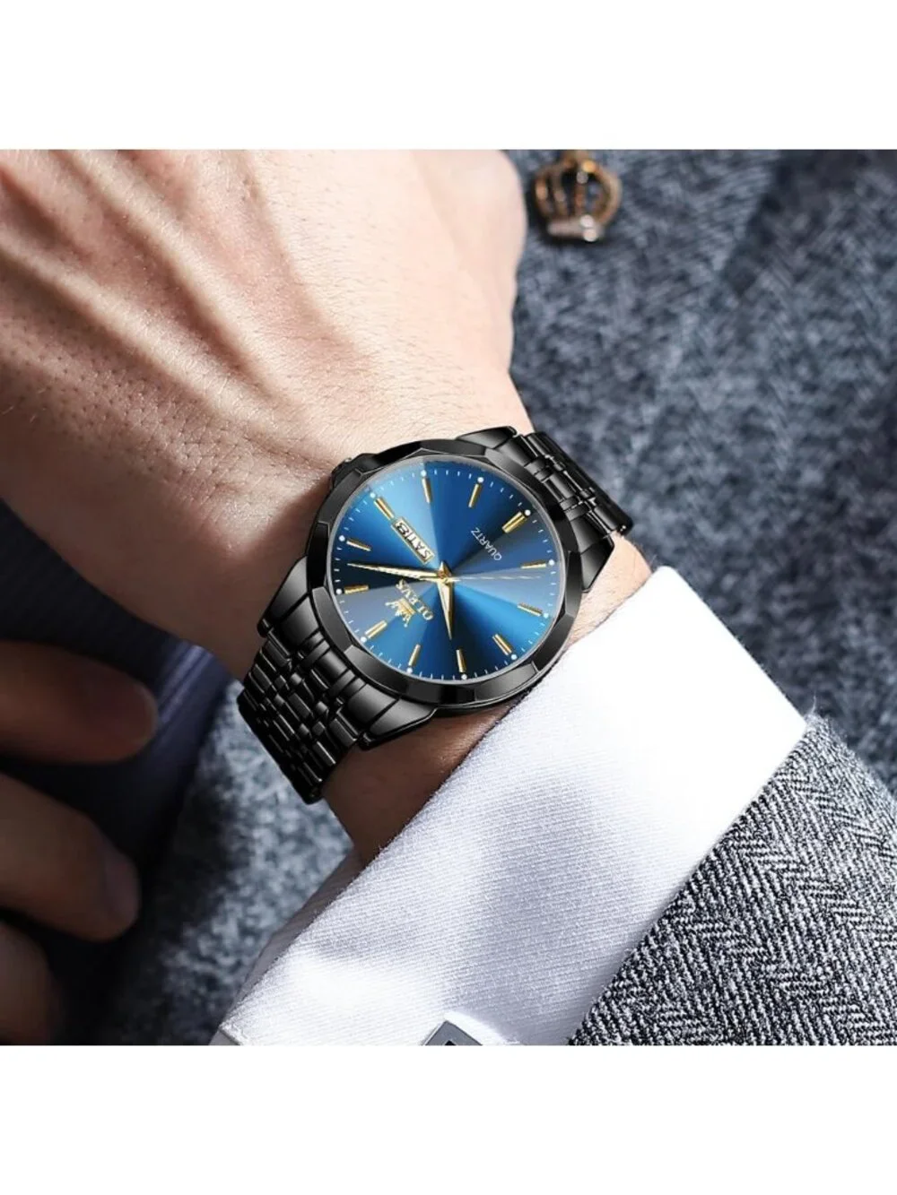 Men Blue Black Diamond Analog Quartz Stainless Waterproof Luminous Classic Watch